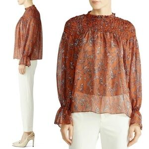 SLATE & WILLOW Blouse Sheer Floral Smocked Pleated Puffed Long Sleeves Ruffled S